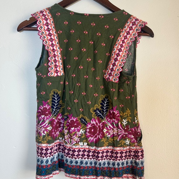Anthropologie Embroidered Floral Boho Top Women XS Olive Green Tie Nek - Picture 2 of 7